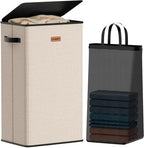100L Laundry Hamper with Lid, Large Clothes Hampers with Removable Bag, Collapsible Laundry Basket for Bathroom, Bedroom, Laundry Room, Dorm, Beige by Vexalora