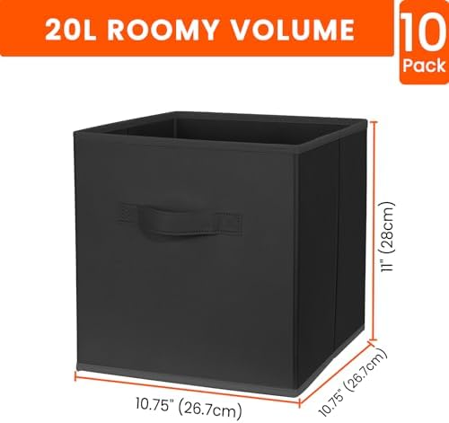 Criusia Storage Cubes, 11 Inch Clothes Storage Bins for Shelves Closet (10 Pack), Fabric Collapsible Storage Bins with Dual Handles, Cubby Storage Baskets for Magazines, Dorm Essentials (Black) - Image 2