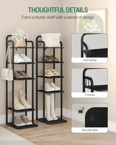 Hzuaneri Vertical Shoe Rack, Shoe Shelves, Wood Shoe Organizer for Closet, Entryway, Shoe Tower for Small Spaces, Free Standing, Adjustable, with 2 Hooks, 6 Tier Black SR04204B - Image 3