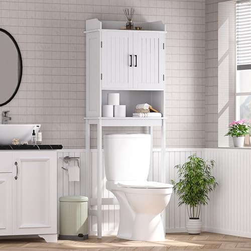 Yardenaler Over-The-Toilet Storage Shelf with Doors, Bathroom Freestanding Space Saver Organizer with Adjustable Shelf, White by Yardenaler