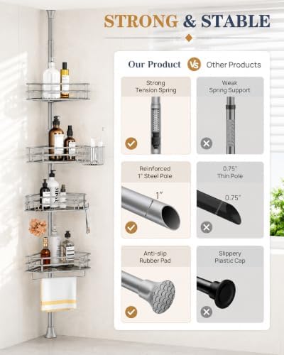 SEIRIONE Corner Shower Caddy Tension Pole, Quick Setup, Rust-Free Bathroom Shower Organizer Corner for Bathtub Shampoo Storage, 4-Tier Adjustable Shelf, Fits 34 to 116 Inch Height, Silver Gray - Image 6