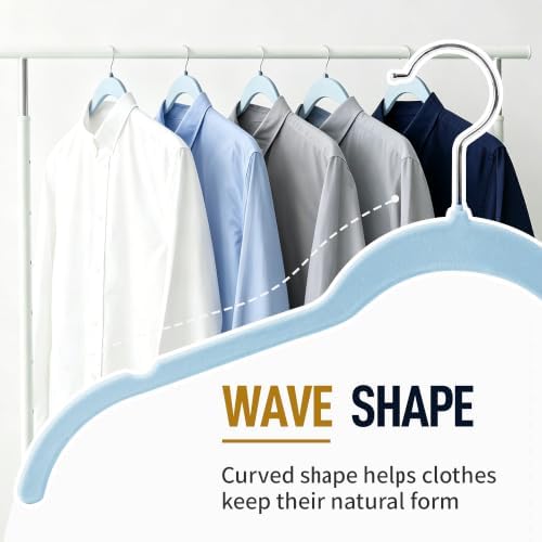 Sishynio Velvet Hangers 50 Pack, Non-Slip Slim Felt Clothes Hangers Blue | Space-Saving Closet Organization; Flocked Surface; 360° Swivel Hooks; For Shirts, Coats, Dresses, Blouses - Image 4