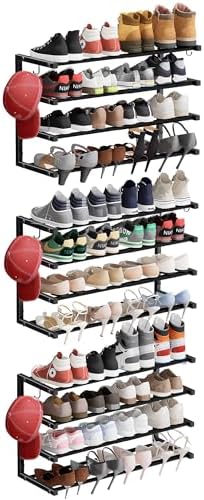 3 Pack Wall Mounted Shoe Rack, 4 Tier Hanging Shoe Rack Holds 48 Pairs, 17"-30" Adjustable Heavy Duty Wall Shoe Shelf with 6 Storage Hooks, Space Saving for Closet Entryway, Black by HomeOrganizerandStorage