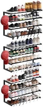 3 Pack Wall Mounted Shoe Rack, 4 Tier Hanging Shoe Rack Holds 48 Pairs, 17"-30" Adjustable Heavy Duty Wall Shoe Shelf with 6 Storage Hooks, Space Saving for Closet Entryway, Black by HomeOrganizerandStorage