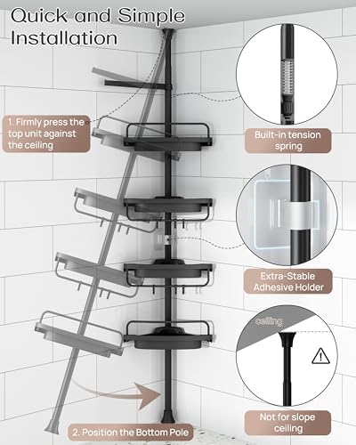 ALLZONE Corner Shower Caddy Tension Pole, Extendable Rustproof Stainless Steel Pole & 4-Tier Adjustable Shelves for Easy Drainage and Built-to-Last Stability, 34 to 116 Inches, Black - Image 4