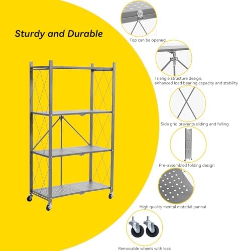 BRIAN & DANY 4-Tier Foldable Storage Shelves with Wheels, Folding Metal Rack Shelving Unit, Heavy Duty No Assembly Organizer Shelf for Garage, Kitchen, Basement, Pantry, Gray - Image 4