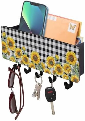 Sunflower Key Holder Wall Mount,Black White Check Country Yellow Floral Black Hanging Mail Organizer with 5 Key Hooks Wall Decorative,Adhesive Key Rack with Shelf for Hallway Kitchen Entryway Decor by Unknown