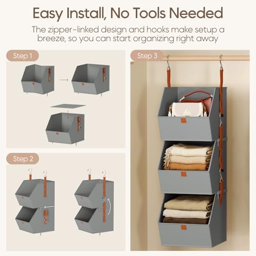 Homsorout Collapsible Hanging Closet Organizer - 6 Tier Closet Shelves Storage System with Hooks, Fabric Hanging Storage Bins for Clothes, Foldable Storage Basket for Laundry, Bedroom, Rv, Grey - Image 7