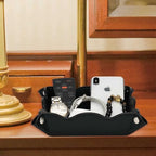 Valet Tray for Men Women - PU Leather Travel Catchall Tray Organizer - Desk Bedside Nightstand Storage Box for Jewelry Key Phone Remote Controller Wallet Watch Glasses Coin Readers -Black - Image 2
