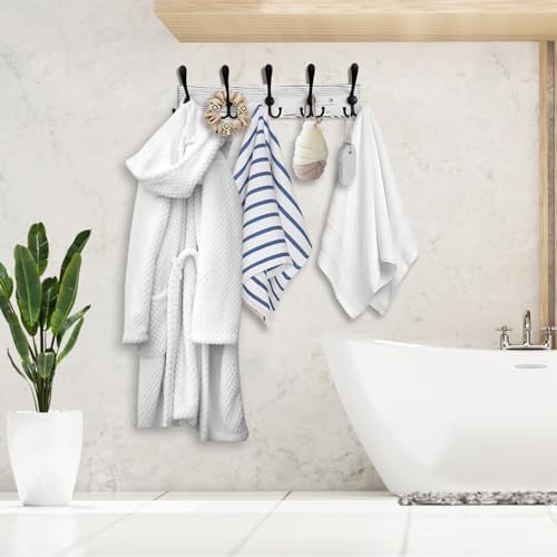 Kuhome 2pcs Coat Rack Wall Mount Wooden Hat Rack for Wall Hooks Pine Real Wood Plank 16.9" Old White Coat Hanger with 5 Black Triple Hooks for Hanging Coat Hat Jacket - Image 4