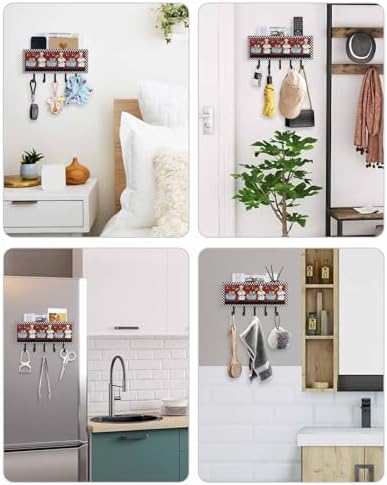 Red Chef Key Holder Wall Mount, Black White Check Black Hanging Mail Organizer with 5 Key Hooks Wall Decorative, Adhesive Key Rack with Shelf for Hallway Kitchen Farmhouse Entryway Decor - Image 6