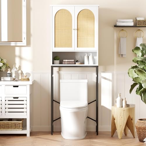 Rattan Over The Toilet Storage Cabinet, Bathroom Organizers and Storage Over Toilet with Rattan Door and Metal Stand, Tall Storage Shelves Above Toilet, Wood Rack for Restroom, Laundry, White by FiveWillowise