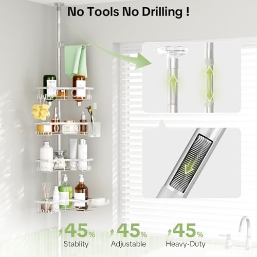 Corner Shower Caddy Tension Pole, 4 Tier Rustproof Shower Tension Rod Organizer with Soap Holder & Hooks, Adjustable 30-121 Inch Bathroom Shelf for Renters - Family Stand Storage Rack, Silver - Image 4