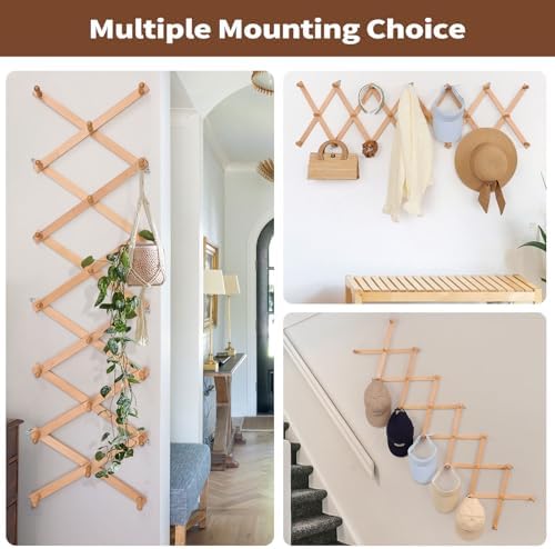 SCUNDA Wall Rack with 20 Hooks, Wooden Wall Expandable Coat Rack for Coat, Hats, Baseball Caps, Coffee Mug, Jewelry(Natural) - Image 6