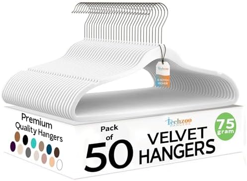 Techzoo Premium Velvet Hangers 50 Pack Ultra Thin Non Slip Adult Felt Space Saving Slim Suit Hanger for Closet Heavy Duty Coat Pants Jackets Dress Hangers 360° Swivel Hook Hold Upto 10 lbs White by TECHZOO