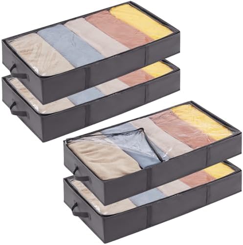 Lifewit 4 Pack UnderBed Storage Bags with Lid, Clothes Storage Boxes Foldable Under bed Storage Organizer with Reinforced Handle Thick Fabric Clear Window for Clothes Blankets Shoes, 65L, Grey by Lifewit