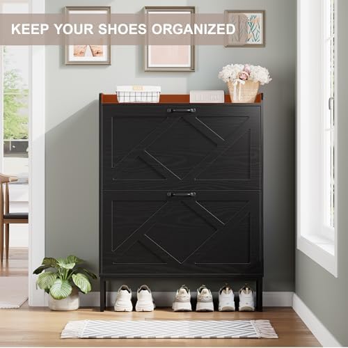 Nicetree Shoe Storage Cabinet with 2 Flip Drawers, Freestanding Shoe Organizer, Shoe Cabinet with Metal Legs, Narrow Shoe Rack Cabinet, Farmhouse Slim Shoe Cabinet for Entryway, Foyer, Hallway, Black - Image 4