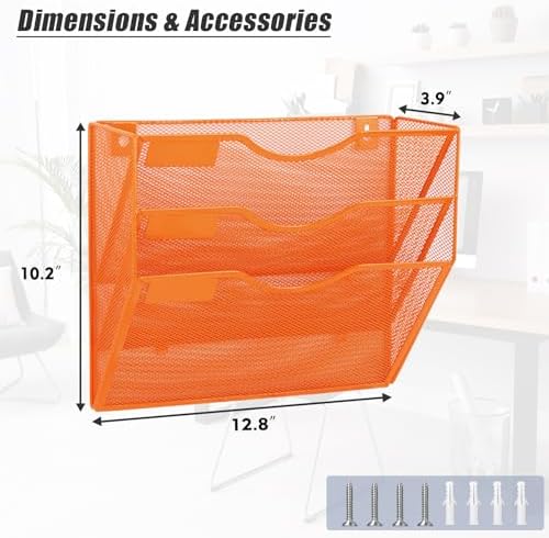 EASEPRES 3 Pocket Mesh Hanging Wall File Organizer, Wall Mounted Mail Paper Document Folder Holder, Clipboard Storage Organization Magazine Rack with Nametag Label for Office Home School, Orange - Image 2