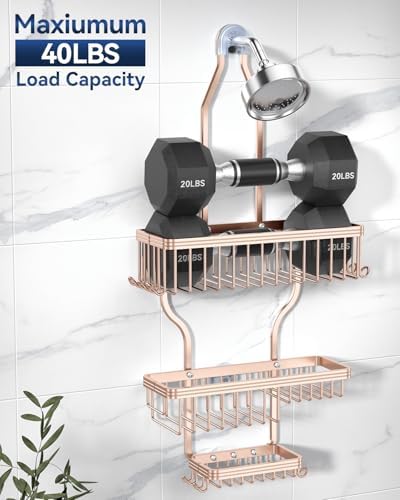 YASONIC Never Rust Shower Caddy Hanging, Aluminum Shower Racks for Inside Shower, 3-Tier Shower Organizer Hanging Over Shower Head with Hooks and Soap Holder, Rose Gold - Image 4