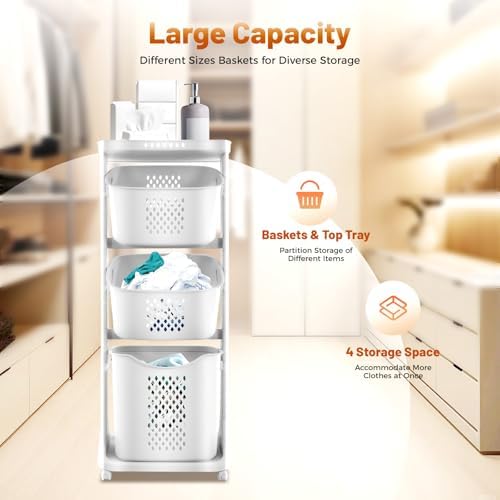 Laundry Sorter Plastic Rolling Laundry Basket Organizer Laundry Hamper Cart for Laundry Room Bedroom College Dorm (3 compartments) - Image 5