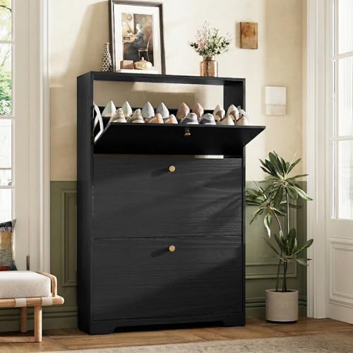 Nicetree Shoe Cabinet with 3 Flip Drawers, Narrow Shoe Organizer Cabinet, Freestanding Shoe Rack Cabinet, Modern Shoe Storage Cabinet for Entryway, Hallway, Foyer, Black by Nicetree