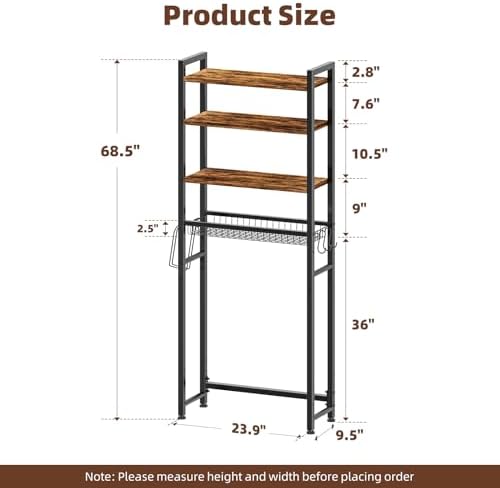 Ekisemio Over The Toilet Storage Rack, 4 Tier Over Toilet Shelf with Adjustable Feet, Freestanding Bathroom Organizer with Wooden Shelves, Hooks, Paper Holder, Vintage Brown - Image 2