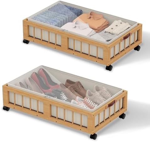 efluky 2-Pack Bamboo Under Bed Storage Containers with Wheels, Under Bed Clothes Storage Basket with Large Dust Bag, Rolling UnderBed Storage for Bedroom, Dorm and Basement, Nature by efluky