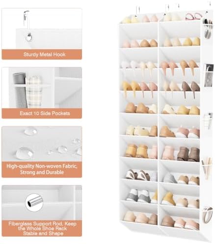 LANTEFUL Over the Door Shoe Organizer, Hanging Shoe Rack for Closet Door Shoe Storage for 30 Pairs Sneaker and Boots, Large Shoe Holder for Door with 10 Side Pockets, Space Saving, White - Image 4