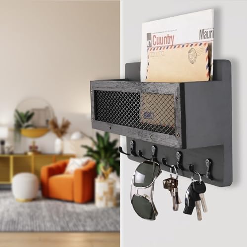 ADIIL Mail and Key Holder for Wall Decorative, Wooden Wall Mount Key Rack Hanger Organizer with 4 Double Key Hooks, Rustic Home Decor for Entryway Hallway, Grey - Image 2