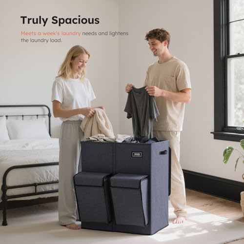 SOLEDI 180L Double Laundry Hamper with Lid and 2 Side Pockets, Dual Hamper - Image 3