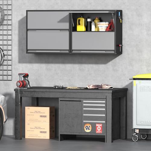Metal Garage Wall Cabinet with Up-Flip Door, Black Float Tool Cabenit with 2 Doors,Upper Storage Cabinets with Pegboard for Kitchen,Garage,Workshop,Warehouse (25.6" H,Black&Gray) - Image 2