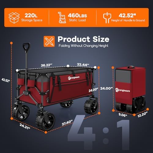 Originsure 220L Foldable Beach Wagon Cart with Big Wheels, 460lbs, Grey&Red - Image 2