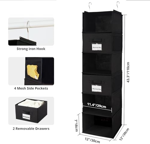 BrilliantJo 2 Pack 6 Shelves Hanging Closet Organizer with 2 Drawer, Hanging Storage with 4 Side Pockets for Clothes Shoes, 43.5"x12"x12"(Black) - Image 3