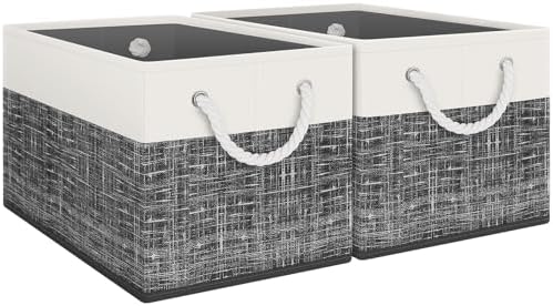 Fab totes Storage Bins 2-Pack, Foldable Storage Baskets for Organizing Toys, Books, Shelves, Closet, Large Storage Box with Rope Handles, Sturdy Organizer Bins, White & Black by Fabtotes