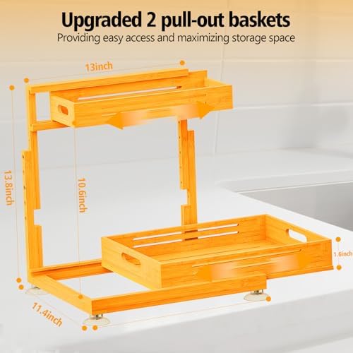 Under Sink Organizer, Premium Bamboo Wood Pull Out Cabinet Organizer, 2 Tier Slide Out Sink Shelf Cabinet Storage Shelves, Under Sink Storage for Kitchen Bathroom Cabinet - Image 2