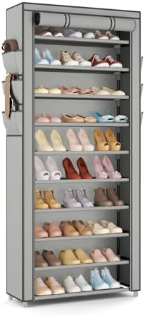 VTRIN Vertical Narrow Shoe Rack Organizer Tall Shoe Rack for Closet Entryway 10 Tier Non-Woven Cover Shoe Shelf Holds 36-41 Pairs Free Standing Shoe Storage Cabinet with Dustproof Cover, Grey by VTRIN