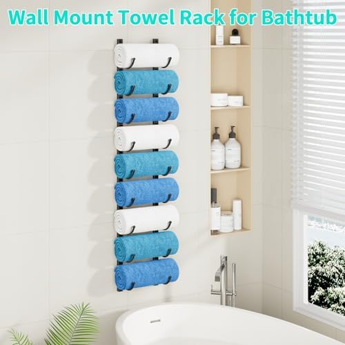 HapiRm Rolled Towel Racks for Bathroom - 9-Tier Over The Door & Wall Mounted Bathroom Towel Storage, Hanging Metal Organizer for Towels & Bath Sheets, Space Saving Rack for Bathroom, Camper, RV, Black - Image 6