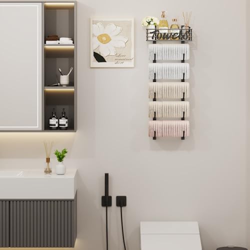 SWTYMIKI Hanging Towel Racks for Bathroom - 6 Tier Over The Door & Wall Mounted Bath Rolled Towel Storage Organizer Holder for Small Bathroom, RV, Camper, Black (Patented) - Image 4