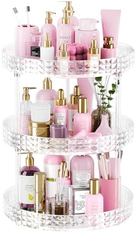 3Tier Diamond Lazy Susan Bathroom Countertop Organizer, 360° Clear Rotating Makeup Cosmetic Perfume Storage Tray, Spinning Vanity Organizer Shelf for Bathroom Cabinet, Dresser, Kitchen(Large) by Acina