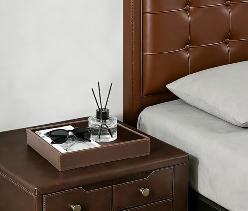 HofferRuffer Faux Leather Vanity Tray, Elegant Desktop Storage Organizer, Decorative Catchall for Perfume, Bathroom Valet, Nightstand or Dresser, 10 x 10 x 1.8 inches (Brown) - Image 4