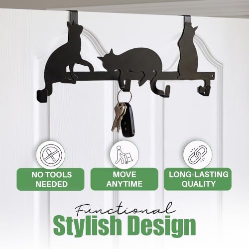 Evelots Over The Door 4 Hook Towel/Coat Rack Hanger Organizer, Kitty Cat Design-Easy No Tool Installation-Black Iron-Holds 20 lbs. - Image 2