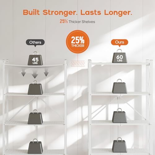 Fenbeli Foldable Shelves with Wheels - 5 Tier Folding Shelf, Collapsible No Assembly Metal Shelving Unit, Origami Storage Shelves & Rolling Storage Rack with 8 Hooks for Kitchen Pantry Garage - Image 4
