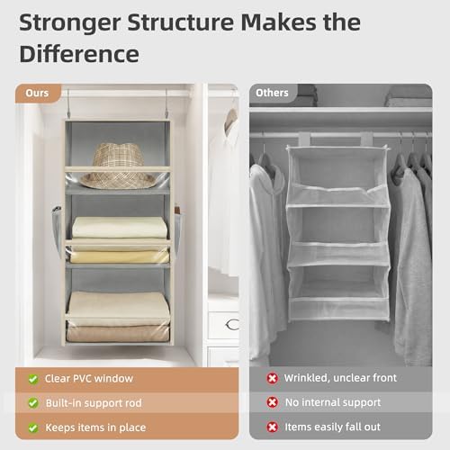 STORAGE MANIAC 6-Shelf Hanging Closet Organizer and Storage, 2 Separable 3-Shelf Haning Organizers for Closet, Collapsible Hanging Shelves Wardrobe Organization, College Dorm Room, Nursery, Gray - Image 6