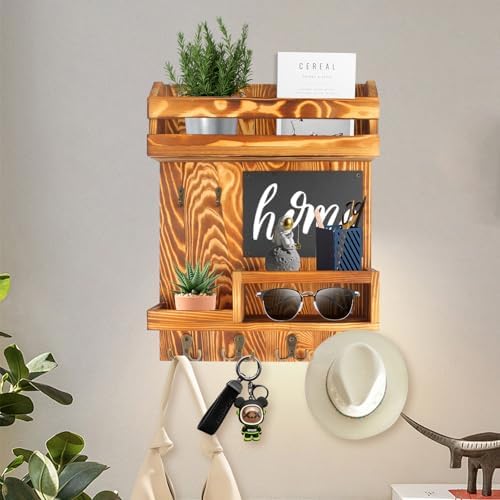 Large Key and Mail Holder Wall Mount, 12.5x16.5 Inch Solid Wood Key Racks for Entryway, Front Door, Hallway, Wall Organizer (Burnt Brown) - Image 6