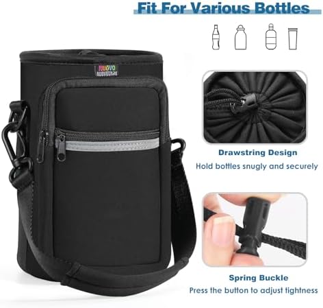 Nuovoware Water Bottle Carrier Bag, 64oz Bottle Pouch Holder, Adjustable Shoulder Hand Strap 2 Pocket Sling Neoprene Sleeve Sports Accessories for Hiking Travelling Camping, BlackCoal - Image 5