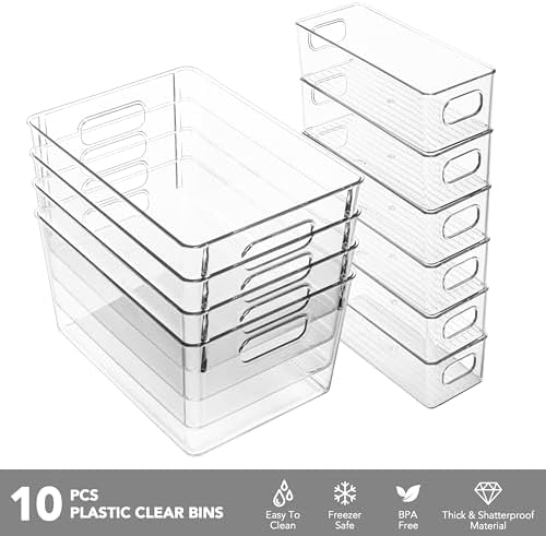 Tiawudi Set of 10 Clear Plastic Storage Bins, 4 Large and 6 Small Stackable Storage Containers for Pantry Organization, Organizer Bins for Home, Kitchen, Bathroom, Office, Cabinet Shelf Organizers - Image 3