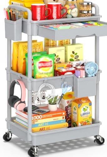 SUNALLY 3 Tier Rolling Cart with Drawer, Craft Storage Cart Organizer, Gray by SUNALLY