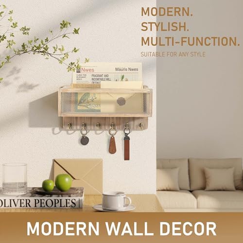 Rebee Vision Key Holder Wall Mount with Mail Basket for Home, Natural Wood - Image 5