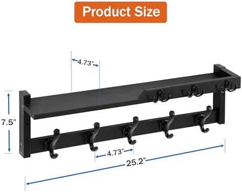 dreampossible 4 in 1 Coat Rack Wall Mount with Shelf, Coat Hooks 25.2" Entryway Coat Hanger with Key Hooks and Mail Holder, Wall Hooks with Shelf, Hat Rack for Wall Key Holder Mail Organizer - Image 6