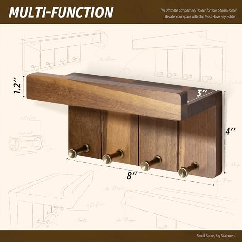 Rebee Vision Acacia Wood Key Holder Wall Mount for Room Decor, Brown - Image 4
